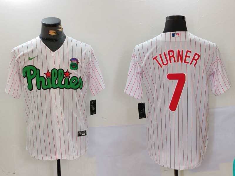 Mens Philadelphia Phillies #7 Trea Turner White Green Cool Base Stitched Jersey